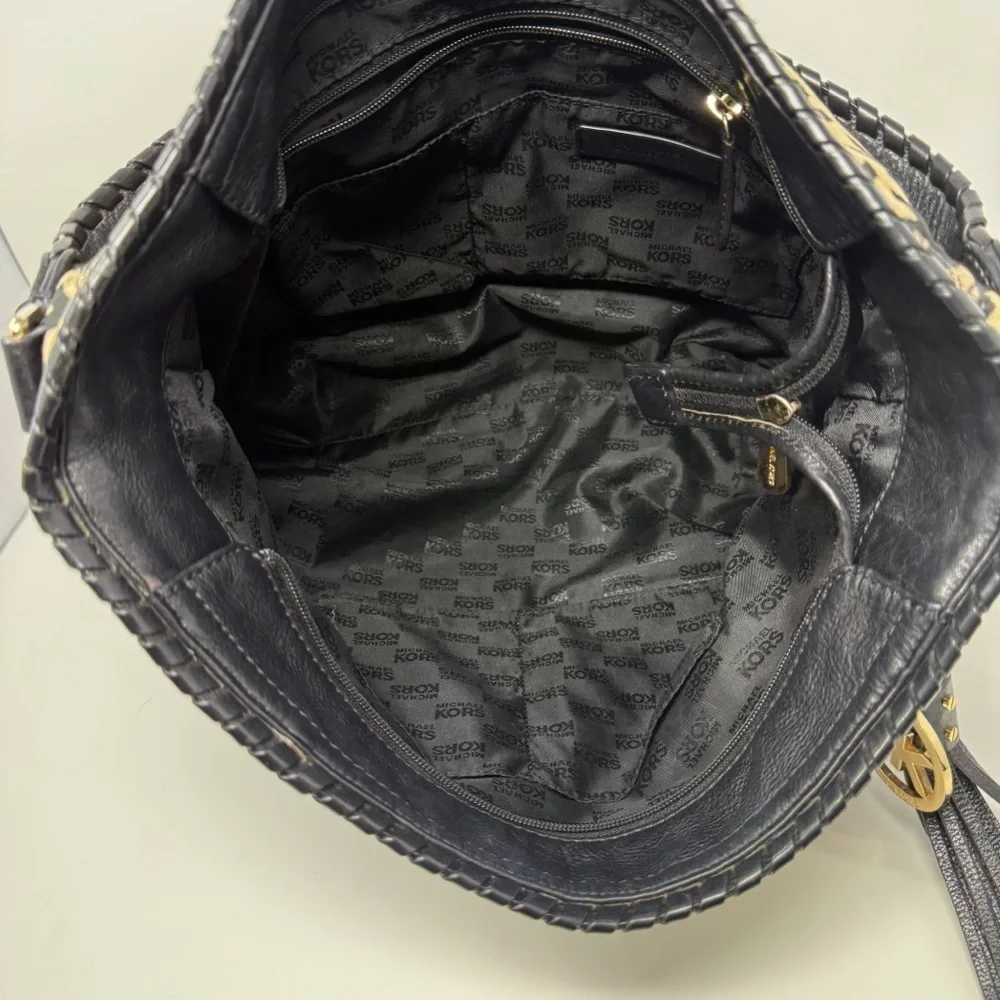 Michael Kors MK Logo Jacquard Hobo Shoulder Bag Black Tan Tassel Charm